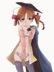 1girl black_hat blue_cape bow braid breasts brown_eyes brown_hair cape cleavage collarbone covering_crotch covering_privates cowboy_shot dress embarrassed hair_bow hair_rings hat highres hiiragi_nemu loli looking_at_viewer magia_record:_mahou_shoujo_madoka_magica_gaiden mahou_shoujo_madoka_magica marutaya mortarboard open_clothes open_dress panties parted_bangs purple_socks red_bow short_hair simple_background single_bare_shoulder small_breasts smile socks solo tassel thighhighs twin_braids underwear white_background yellow_dress