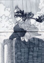 1girl absurdres animal_ear_fluff animal_ears bow braid cat_ears closed_mouth dress extra_ears from_side greyscale hair_bow hand_on_own_hip highres kaenbyou_rin long_sleeves monochrome ni_0220 side_braids solo touhou traditional_media twin_braids