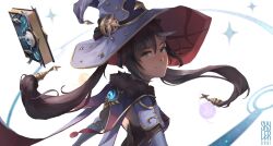 Rule 34 | 1girl, artist logo, black bodysuit, black hair, blue cape, blue gemstone, blue sleeves, bodysuit, book, breasts, cape, closed mouth, commentary, detached sleeves, english commentary, floating hair, four-pointed star, from behind, gem, genshin impact, gold trim, grimoire, hair ornament, hat, highres, logo, long hair, looking at viewer, looking back, medium breasts, mona (genshin impact), mona (pact of stars and moon) (genshin impact), purple hat, red hat, skyler, smile, solo, star (symbol), two-sided fabric, two-sided headwear, upper body, white background, witch hat