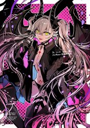 1girl black_hands black_jacket black_panties boots breasts candy colored_extremities demon_wings fate/grand_order fate_(series) food green_eyes hand_up highres holding holding_candy holding_food holding_lollipop horns jacket lilith_(fate) lollipop long_hair navel panties pointy_ears rioka_(southern_blue_sky) smile solo thigh_boots tongue tongue_out twintails underwear white_hair wings