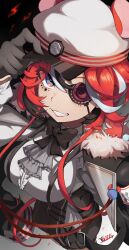 1girl animal_ears ascot bis814 black_gloves black_hair black_shorts blue_eyes bow bowtie breasts brown_bow brown_bowtie center_frills clenched_teeth facial_mark flipped_hair flower_eyepatch frilled_shirt frills from_above gloves grey_ascot hakos_baelz hakos_baelz_(steel_rose) hand_on_headwear hat high-waist_shorts highres hololive hololive_english large_breasts long_sidelocks looking_at_viewer mark_under_both_eyes mouse_ears mouse_girl mouse_tail mr._squeaks_(hakos_baelz) multicolored_hair peaked_cap red_hair red_lips sharp_teeth shirt short_hair shorts sidelocks smile streaked_hair suspender_shorts suspenders tail teeth upper_body virtual_youtuber white_hair white_hat white_shirt x x_facial_mark