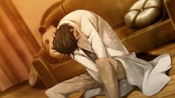1boy black_hair brown_pants coat couch dutch_angle exhausted facing_down future_gadget_lab game_cg highres huke lab_coat lapels long_sleeves male_focus messy_hair non-web_source notched_lapels official_art okabe_rintarou on_floor orange_theme pants shirt sitting solo steins;gate steins;gate:_linear_bounded_phenogram sunset t-shirt upa_(steins;gate) white_coat white_shirt wooden_floor