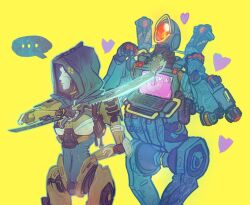 ... 1boy 1girl an_gen_lizi android apex_legends ash_(titanfall_2) blue_leotard chinese_commentary heart highres holding holding_sword holding_weapon hood hood_up hooded_leotard humanoid_robot leotard looking_up mouse_(animal) one-eyed pathfinder_(apex_legends) robot science_fiction screen speech_bubble spoken_ellipsis sword weapon yellow_background