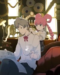 1boy 1girl ace_attorney backlighting bags_under_eyes belt black_belt black_pants bow bow-shaped_hair bowtie breast_pocket brushing_another&#039;s_hair brushing_hair chaise_longue closed_mouth collared_shirt commentary_request crossed_legs cup desk desk_lamp drill_hair feet_out_of_frame flower_ornament frilled_shirt_collar frilled_sleeves frills frown gears green_eyes grey_hair hair_brush hair_rings hands_up heart heart-shaped_hair herlock_sholmes highres holding holding_cup holding_hair_brush holding_newspaper indoors industrial_pipe iris_wilson lamp long_hair looking_at_another machine newspaper object_request one_eye_closed pants paper_roll pink_hair pocket puffy_sleeves reading red_bow red_bowtie samidare_(hoshi) shirt short_hair sitting sleeves_pushed_up smile squeans steam sunlight the_great_ace_attorney three-quarter_sleeves twintails vial wheel white_shirt window