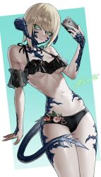 1girl absurdres au_ra bare_shoulders bikini black_bikini black_scales black_tail blonde_hair breasts cellphone dragon_girl dragon_horns dragon_tail final_fantasy final_fantasy_xiv green_eyes highres holding holding_phone horns hyuu_(sing-dog) looking_at_viewer navel phone scales signature smartphone solo stomach swimsuit tail underboob warrior_of_light_(ff14)