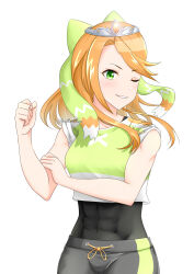 1girl abs absurdres black_undershirt bow crop_top crop_top_overhang etie_(fire_emblem) fire_emblem fire_emblem_engage fruitpunchzura green_bow highres nintendo pants sweatpants training_outfit_(fire_emblem_engage) workout_clothes