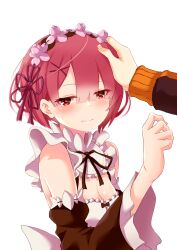 1boy 1girl bare_shoulders black_ribbon black_sleeves blunt_bangs blush breasts cleavage commentary_request curled_fingers detached_collar detached_sleeves dress eyebrows_hidden_by_hair flower frills hair_between_eyes hair_ornament hairclip hand_on_another&#039;s_head head_wreath headpat highres long_sleeves looking_at_viewer maid natsuki_subaru parted_bangs pink_hair puffy_sleeves purple_ribbon ram_(re:zero) re:zero_kara_hajimeru_isekai_seikatsu red_eyes ribbon roswaal_mansion_maid_uniform short_hair simple_background small_breasts smile solo_focus upper_body white_background white_dress x_hair_ornament yasehattagi