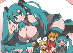 4girls :&lt; akita_neru aqua_eyes aqua_hair blonde_hair blue_eyes breasts cellphone chibi cleavage covered_erect_nipples crossover curvy detached_sleeves hatsune_miku headphones imagining kagamine_rin kasane_teto kasane_teto_(utau) large_breasts long_hair lying mouth_hold multiple_girls necktie niwakaame_(amayadori) on_side phone red_eyes red_hair saliva side_ponytail skirt smile sweat thighhighs twintails utau vocaloid yellow_eyes zettai_ryouiki