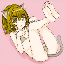1girl :3 anal_beads anal_tail animal_ears barefoot bikini blonde_hair butt_plug cat_ears cat_tail fake_tail fangs feet focke_wulf foot_focus foreshortening full_body green_eyes legs_up loli looking_at_viewer original paw_pose presenting_foot short_hair smile soles solo swimsuit tail toes