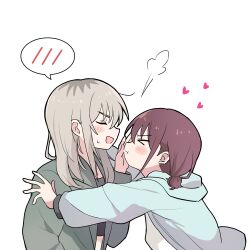 &gt;_&lt; 2girls blue_hoodie closed_eyes commentary girls_band_cry green_jacket grey_hair hand_on_another&#039;s_face heart highres hood hoodie iseri_nina jacket kawaragi_momoka lemoontya long_hair long_sleeves multicolored_hair multiple_girls open_mouth red_hair rejected_kiss roots_(hair) short_twintails simple_background spoken_blush symbol-only_commentary twintails white_background yuri