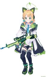 1girl absurdres animal_ear_headphones animal_ears artist_name black_boots black_shorts black_thighhighs blonde_hair blue_archive blue_necktie blush boots bow cat_ear_headphones cat_ears chinese_commentary closed_mouth collared_shirt commentary_request dot_nose expressionless fake_animal_ears full_body green_bow green_eyes green_halo green_jacket gun h&amp;k_g3/sg1 hair_bow halo headphones highres holding holding_gun holding_weapon hood hood_down hooded_jacket jacket long_sleeves looking_at_viewer low-tied_sidelocks medium_hair midori_(blue_archive) multicolored_jacket necktie open_clothes open_jacket remain_atto rifle shirt short_shorts shorts sidelocks simple_background sniper_rifle solo tachi-e thighhighs thighhighs_under_boots two-sided_fabric two-sided_jacket weapon white_background white_shirt wide_sleeves