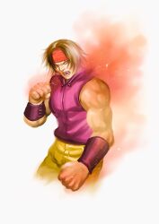 Rule 34 | 1boy, brown eyes, brown hair, headband, highres, live a live, looking at viewer, male focus, minagawa ryouji, muscular, muscular male, sleeveless, solo, takahara masaru, white background