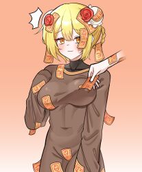 1girl 1other ^^^ absurdres blonde_hair braid braided_hair_rings breasts bun_cover commentary_request covered_erect_nipples cowboy_shot disembodied_hand don_quixote_(project_moon) double_bun e.g.o_(project_moon) flower hair_between_eyes hair_bun hair_flower hair_ornament hair_rings highres jinggeomdari korean_commentary limbus_company looking_at_viewer orange_background project_moon red_flower red_sheet_(e.g.o) removing_pasties sidelocks simple_background sleeves_past_fingers sleeves_past_wrists smile solo_focus sweatdrop talisman yellow_eyes