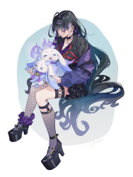 1girl 1other :d ahoge asymmetrical_legwear black_hair black_shirt blunt_bangs braid breasts cardigan chest_harness chest_tattoo cleavage closed_eyes earrings fishnet_thighhighs fishnets frilled_skirt frills full_body harness invisible_chair jewelry large_breasts light_smile long_hair lunlun_(nijisanji) meloco_kyoran meloco_kyoran_(1st_costume) multicolored_hair multicolored_nails multiple_earrings nijisanji nijisanji_en off_shoulder open_mouth platform_heels purple_cardigan purple_hair shirt single_thighhigh sitting sitting_on_lap sitting_on_person skirt smile spider_web_tattoo streaked_hair suda_ayaka tattoo thighhighs very_long_hair virtual_youtuber