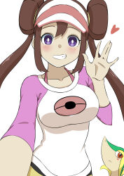 1girl absurdres alternate_breast_size alternate_color alternate_eye_color bakenokawa blush breasts bright_pupils brown_hair collarbone commentary_request creatures_(company) double_bun game_freak gen_5_pokemon grin hair_bun hand_up heart highres large_breasts long_hair looking_at_viewer nintendo pokemon pokemon_(creature) pokemon_bw2 purple_eyes rosa_(pokemon) selfie shorts simple_background smile snivy teeth twintails visor_cap white_background white_pupils yellow_shorts