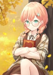 1girl absurdres against_tree aqua_eyes autumn autumn_leaves black_ribbon blurry blurry_background book braid brown_dress closed_mouth collared_shirt commentary crossed_bangs dress falling_leaves feet_out_of_frame glasses_day hair_ornament hairclip hanazora_satsuki highres hinoshita_kaho holding holding_book hugging_book hugging_object knee_up leaf link!_like!_love_live! long_sleeves looking_at_viewer love_live! low_twin_braids medium_hair neck_ribbon orange_hair outdoors pinafore_dress plaid_clothes rabbit_hair_ornament ribbon shirt sitting sleeveless sleeveless_dress smile solo split_mouth symbol-only_commentary tree twin_braids white_shirt