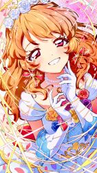 1girl aikatsu! aikatsu!_(series) blue_flower blue_rose blush commentary dot_nose dress dress_flower elbow_gloves english_commentary flower gloves grin hair_flower hair_ornament half-closed_eyes hand_on_own_cheek hand_on_own_face hand_up happy highres idol idol_clothes jewelry long_hair looking_at_viewer necklace official_alternate_costume orange_hair ozora_akari pearl_necklace pink_flower pink_rose purple_flower purple_rose red_eyes red_flower red_rose rose smile solo sparkle strapless strapless_dress tiara wanowanoji67 wavy_hair white_dress white_flower white_gloves white_rose yellow_flower yellow_rose