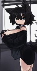 1girl animal_ears black_hair black_nails black_theme blue_eyes breasts cat_ears choker cleavage covering_breasts covering_privates curvy female_focus hair_between_eyes highres huge_breasts looking_at_viewer nail_polish original raine_(zana) short_hair solo tagme tail thighs undressing window_blinds zanamaoria