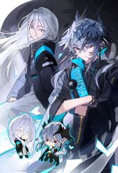 Rule 34 | 1boy, 1girl, arknights, black jacket, chibi, chibi inset, crossed arms, doctor (arknights), female doctor (arknights), grey eyes, grey hair, hair between eyes, hair intakes, head wings, highres, jacket, logos (arknights), long hair, madoka m agica, pointy ears, red eyes, short hair, upper body, white hair, wings
