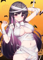 1girl absurdres arm_behind_head bat_(animal) black_hair blush bow breasts cleavage closed_mouth colored_inner_hair gradient_background hair_ornament highres himemiya_rie jack-o&#039;-lantern linea_alba long_hair mole mole_under_eye multicolored_hair mummy_costume nai_(cnoadi8) navel orange_background phase_connect pink_hair purple_eyes second-party_source smile solo streaked_hair twitter_username virtual_youtuber white_bow
