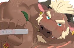 1boy animal_ears arm_hair bara bare_pectorals beard blonde_hair blush chest_hair collarbone cow_boy cow_ears cow_horns dallawan_(xxl) facial_hair furry furry_male hagom_bear hashtag-only_commentary highres holding holding_pregnancy_test horns looking_at_viewer male_focus mouth_hold muscular muscular_male nipple_piercing nipples open_mouth pectorals piercing pregnancy_test sparkle stalk_in_mouth topless_male xxl_woofia