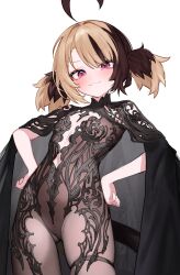 1girl :3 ahoge alternate_costume black_bodysuit black_cape blonde_hair bodysuit brown_hair cape chronopattern_dress closed_mouth commentary english_commentary flat_chest gigi_murin hands_on_own_hips highres hololive hololive_english hoshi_usagi looking_at_viewer multicolored_hair pink_eyes short_hair short_twintails simple_background solo thigh_strap twintails two-tone_hair virtual_youtuber white_background