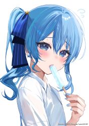 1girl :o absurdres blue_eyes blue_hair blue_nails blue_ribbon blush earrings eating food hair_ribbon high_side_ponytail highres holding holding_food holding_popsicle hololive hoshimachi_suisei hot jewelry long_hair looking_at_viewer popsicle ribbon sakurada_nana shirt simple_background solo star_(symbol) star_earrings star_in_eye sweat symbol_in_eye upper_body virtual_youtuber white_background white_shirt