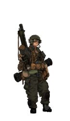 1girl absurdres ammunition_pouch armor astra_militarum boots catachan_jungle_fighter explosive gloves goggles greaves grenade gun_sling headset helmet highres knee_pads lasgun midnattthol military_uniform pouch rocket_launcher simple_background solo vest warhammer_40k weapon white_background