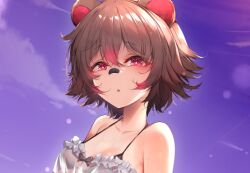 1girl animal_ears babydoll bandaid bandaid_on_face bandaid_on_nose bare_shoulders bikini black_bikini breasts bright_pupils brown_hair colored_tips commentary_request cropped frilled_babydoll hair_between_eyes indie_virtual_youtuber kana616 looking_at_viewer micro_bikini multicolored_hair raccoon_ears raccoon_girl rakkun_sutaru red_eyes red_hair second-party_edit second-party_source short_hair sky small_breasts solo spanish_commentary swimsuit third-party_edit twilight two-tone_hair upper_body virtual_youtuber white_babydoll white_pupils