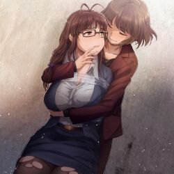 1boy 1girl akizuki_ritsuko akizuki_ryo antenna_hair arm_under_breasts arms_behind_back black_pantyhose blazer blue_jacket blue_skirt blush bound bra_visible_through_clothes braid breasts brown_eyes brown_hair chiaki_rakutarou cleavage closed_eyes cousins finger_to_another&#039;s_mouth glasses hetero highres hug hug_from_behind idolmaster idolmaster_(classic) idolmaster_dearly_stars incest jacket large_breasts pantyhose pencil_skirt red_jacket restrained scrunchie short_hair skirt standing tape tape_bondage torn_clothes torn_pantyhose trap