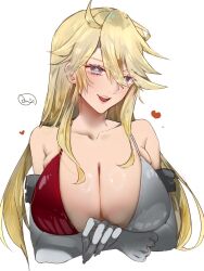 1girl arms_under_breasts aroused bare_shoulders bikini blonde_hair blue_eyes blush breasts cleavage collarbone crossed_arms elbow_gloves gloves hair_between_eyes heart highres huge_breasts iowa_(kancolle) kantai_collection large_breasts long_hair looking_at_viewer mizoredama1 multicolored_bikini open_mouth red_bikini simple_background smile solo star-shaped_pupils star_(symbol) swimsuit symbol-shaped_pupils two-tone_bikini upper_body white_background white_bikini