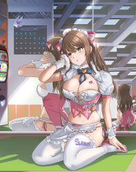Rule 34 | 1girl, absurdres, apron, blue bow, bow, breasts, brown eyes, brown hair, cleavage, commentary request, frilled apron, frilled thighhighs, frills, girls&#039; frontline, girls&#039; frontline 2: exilium, high heels, highres, holding, holding towel, indoors, k2 (girls&#039; frontline), large breasts, long hair, mirror, mosta (lo1777789), navel, official alternate costume, panties, pink panties, pink shoes, puffy short sleeves, puffy sleeves, reflection, shoes, short sleeves, side-tie panties, solo, thighhighs, towel, two side up, underwear, waist apron, white apron, white thighhighs, wrist cuffs, yoohee (girls&#039; frontline 2), yoohee (miracle sweetheart) (girls&#039; frontline 2)