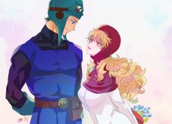 1boy 1girl belt belt_buckle black_bodysuit black_hair blonde_hair blue_eyes blue_flower blue_hat blue_tunic blunt_bangs bodysuit breasts buckle closed_mouth commentary_request cousins curly_hair dragon_quest dragon_quest_ii flower goggles goggles_on_headwear hat height_difference holding holding_flower kei_(desafinado) long_hair looking_at_another medium_breasts pink_flower pink_hood prince_of_lorasia princess_of_moonbrook profile red_eyes robe short_hair toned toned_male tunic turtleneck turtleneck_bodysuit upper_body white_robe