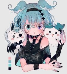 1girl :o aqua_eyes aqua_hair arm_warmers bare_shoulders black_nails blush breasts chiikawa chiikawa_(character) chiikawa_(character)_(cosplay) color_guide cosplay cross-shaped_pupils deformed elira_pendora elira_pendora_(goth) grey_background hachiware_(chiikawa) hachiware_(chiikawa)_(cosplay) hair_between_eyes hair_intakes head_wings heterochromia highres li04r looking_at_viewer medium_breasts medium_hair nijisanji nijisanji_en off-shoulder_shirt off_shoulder pikl_(elira_pendora) purple_eyes shirt simple_background single_arm_warmer symbol-shaped_pupils virtual_youtuber weewa_(elira_pendora) wings