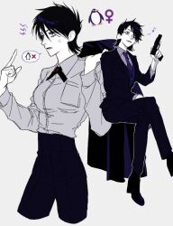1girl anger_vein animification batman_(series) bird black_hair chokeke_005 collared_shirt commentary cropped_legs cross_tie dc_comics emoji formal_clothes freckles genderswap genderswap_(mtf) gotham_(series) grey_eyes gun holding holding_unworn_clothes holding_gun holding_jacket holding_unworn_clothes holding_weapon index_finger_raised jacket long_sleeves multiple_views musical_note necktie oswald_chesterfield_cobblepot pants penguin shirt shirt_tucked_in short_hair sitting smile suit the_penguin unworn_jacket weapon