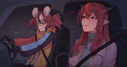 2girls animal_ear_fluff animal_ears black_gloves car driving girls_band_cry gloves hair_between_eyes hakos_baelz heterochromia highres hololive hololive_english irys_(hololive) long_hair lucesamaaa motor_vehicle mouse_ears mouse_girl mouse_tail multicolored_hair multiple_girls pointy_ears red_hair scene_reference streaked_hair tail virtual_youtuber