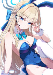 1girl animal_ears bare_shoulders blonde_hair blue_archive blue_bow blue_bowtie blue_eyes blue_hair blue_halo blue_leotard bow bowtie breasts cleavage collarbone detached_collar earpiece fake_animal_ears groin hair_bow halo large_breasts leotard long_hair looking_at_viewer medium_breasts multicolored_hair official_alternate_costume playboy_bunny rabbit_ears sakura_ran sitting solo strapless strapless_leotard streaked_hair thighhighs thighs toki_(blue_archive) toki_(bunny)_(blue_archive) v white_thighhighs wrist_cuffs