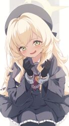 1girl anocco beret black_coat black_gloves black_hat black_pantyhose black_sailor_collar black_serafuku blonde_hair blue_archive blush bow bowtie brown_background coat cuffs fluffy_hair gloves green_eyes halo handcuffs hat highres long_hair long_sleeves looking_at_viewer open_clothes open_coat open_mouth pantyhose professor_niyaniya_(blue_archive) red_bow red_bowtie restrained sailor_collar school_uniform serafuku siblings side_ahoge sitting smile solo sweatdrop twins wavy_mouth white_background yellow_halo