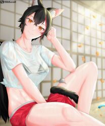 1girl absurdres animal_ear_fluff animal_ears black_bra black_hair bra bra_visible_through_clothes commentary_request highres hololive leaf leg_up light_rays looking_at_viewer multicolored_hair ookami_mio orange_eyes shikuroo0 shirt short_hair shorts sitting solo streaked_hair sunbeam sunlight sweat sweaty_clothes t-shirt tied_shirt twitter_username underwear virtual_youtuber white_shirt wolf_ears wolf_girl