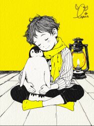 Rule 34 | 1girl, animal, animal hug, bird, buttons, capri pants, greyscale with colored background, highres, holding, holding animal, lantern, lapis hyy, monochrome, original, pants, penguin, ribbed sweater, scarf, short hair, signature, sitting, smile, socks, solo, spot color, sweater, traditional media, yellow scarf, yellow socks