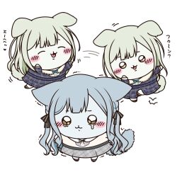 2girls :3 ^_^ animal_ears apple_rainy bang_dream! bang_dream!_it&#039;s_mygo!!!!! blue_dress blue_skin blue_tail blush_stickers bow bowtie cat_ears cat_girl cat_tail chibi chibi_only chiikawa closed_eyes closed_mouth colored_skin commentary dog_ears dog_girl dog_tail dress ears_down full_body green_bow green_bowtie green_hair green_skin green_tail grey_skirt happy heart kemonomimi_mode leg_up mortis_(bang_dream!) mortis_(persona)_(bang_dream!) motion_lines multiple_girls open_mouth plaid_clothes plaid_dress plaid_skirt simple_background skirt sound_effects symbol-only_commentary tail tears teasing togawa_sakiko trembling wakaba_mutsumi white_background yellow_eyes