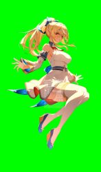1girl absurdres back_bow bare_shoulders bilingual_commentary blonde_hair blue_bow blue_shoes bow bow_skirt breasts cleavage_cutout clothing_cutout commentary dark-skinned_female dark_skin detached_collar detached_sleeves elf english_commentary floating_hair full_body garter_straps green_background grin hair_bow halter_shirt halterneck high_heels high_ponytail highres hololive ishihara_(kuniyoshi) large_bow large_breasts long_hair looking_at_viewer miniskirt mixed-language_commentary multicolored_hair pleated_skirt pointy_ears ponytail red_eyes shiranui_flare shiranui_flare_(1st_costume) shirt shoes sidelocks simple_background skirt skirt_set smile solo streaked_hair thighhighs virtual_youtuber watermark white_garter_straps white_shirt white_skirt white_sleeves white_thighhighs wide_sleeves yellow_eyes