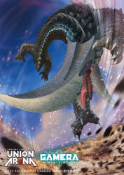 acrobatics backflip claws cloud day debris destruction dusk embers engi_(animation_studio) english_text evening gamera_(series) gamera_-rebirth- giant giant_monster glowing glowing_eyes gozz guiron japanese_text jumping kadokawa kaiju logo mandibles monster motion_blur motion_lines ocean official_art oil_platform open_mouth red_eyes roaring rubble short_tail sword tail union_arena water weapon