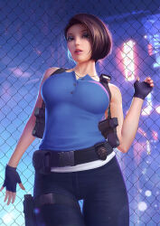 Rule 34 | 1girl, belt, black gloves, blue shirt, brown hair, eyeshadow, fingerless gloves, gloves, jewelry, jill valentine, looking at viewer, makeup, misusart, necklace, parted lips, police badge, resident evil, resident evil 3: nemesis, resident evil 3 (remake), shirt, short hair, wire fence