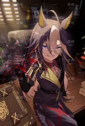 1girl ahoge animal_ears belt black_belt black_coat blue_eyes book book_stack broken_glass brown_hair cai_ji_(user_jmrv4342) clenched_hand closed_mouth coat collared_shirt commentary_request cost cup dream_journey_(umamusume) drinking_glass ear_ornament eyewear_strap glass gloves grin hair_between_eyes highres holding holding_cup horse_ears horse_girl horse_tail indoors jewelry long_hair looking_at_viewer multicolored_hair multiple_rings phonograph red_nails red_shirt rimless_eyewear ring shirt single_glove sitting sitting_on_table smile solo streaked_hair tail umamusume v-shaped_eyebrows very_long_hair watermark white_hair window window_blinds wine_glass wooden_desk
