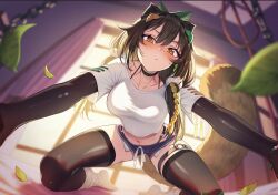 1girl animal_ears black_choker black_gloves black_shorts black_thighhighs blush breasts brown_hair choker closed_mouth cluseller collarbone commentary_request commission curtains elbow_gloves gloves hair_between_eyes hair_ornament highres honda_poko indie_virtual_youtuber indoors kneeling large_breasts leaf leaf_hair_ornament long_hair looking_at_viewer midriff navel o-ring o-ring_thigh_strap ribbed_socks shadow shirt short_shorts shorts sidelocks skeb_commission skindentation socks socks_over_thighhighs solo tail thigh_strap thighhighs virtual_youtuber white_shirt white_socks window yellow_eyes