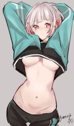 1girl aqua_jacket arms_up artist_name black_pants black_shirt breasts closed_mouth clothes_lift clueless commentary_request don_quijote_(store) expressionless grey_background hair_ornament highres jacket jacket_lift linea_alba link!_like!_love_live! looking_at_viewer love_live! medium_breasts navel no_bra official_alternate_costume pants red_eyes red_hair roku_aya_fuyu shirt shirt_lift short_hair signature simple_background solo star_(symbol) star_hair_ornament stomach underboob virtual_youtuber yugiri_tsuzuri