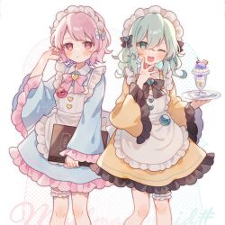 2girls ;d adapted_costume alternate_costume double-parted_bangs enmaided feet_out_of_frame frills green_eyes green_hair hair_between_eyes hand_up happy komeiji_koishi komeiji_satori long_hair looking_at_viewer maid multiple_girls nig_18 one_eye_closed open_mouth petticoat pink_eyes pink_hair short_hair siblings sisters smile standing touhou