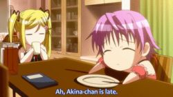 2girls animated animated_gif blonde_hair book chibi chopsticks drinking happoubi_jin juice kanojo_x_kanojo_x_kanojo lowres multiple_girls orifushi_mafuyu orifushi_natsumi plate purple_hair siblings sisters subtitled table talking twintails