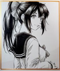 1girl breasts closed_mouth commentary_request double-parted_bangs expressionless eyelashes from_side greyscale hair_ribbon hand_up long_hair long_sleeves looking_at_viewer looking_to_the_side makomako1061 medium_breasts monochrome original pen_(medium) photo_(medium) ponytail ribbon sailor_collar sailor_shirt school_uniform shikishi shirt sidelocks solo traditional_media turning_head upper_body